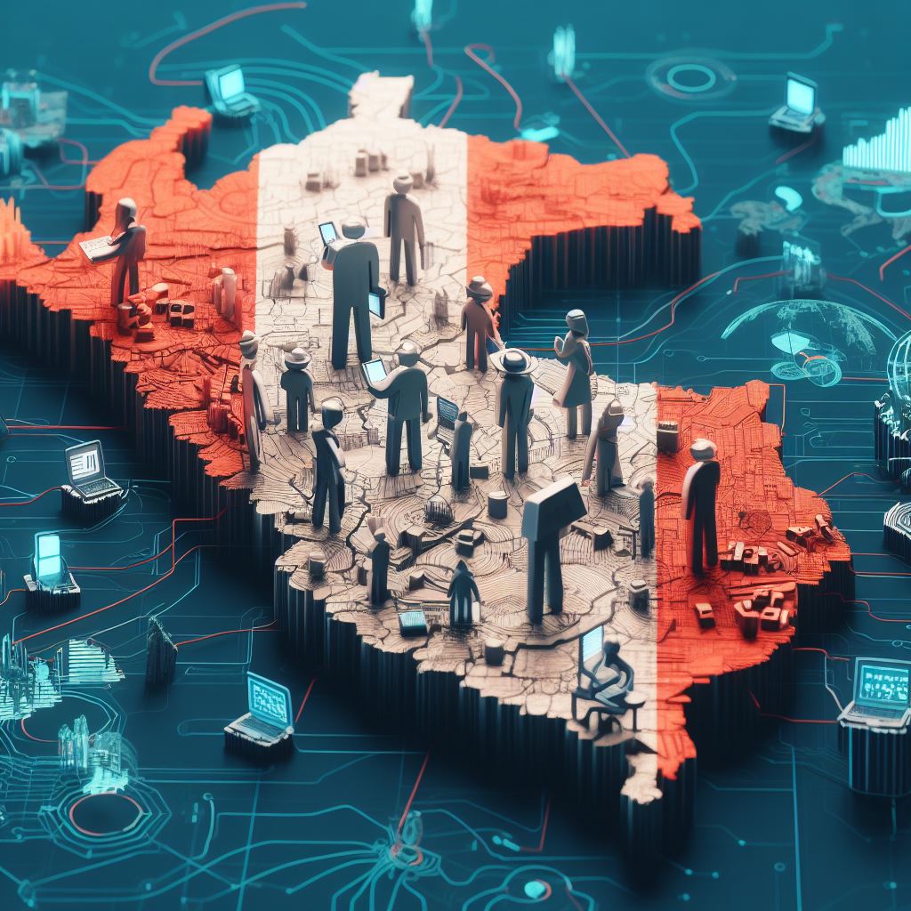 Imagen creada con IA en la que se muestra un supuesto mapa del Perú, con trabajadores con habilidades digitales dispersos en distintas partes del país.